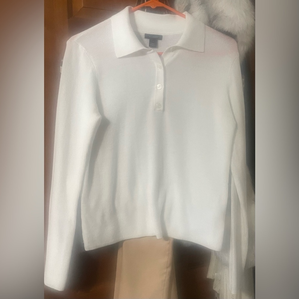 Halogen White Long Sleeve Polo Lightweight Sweater
